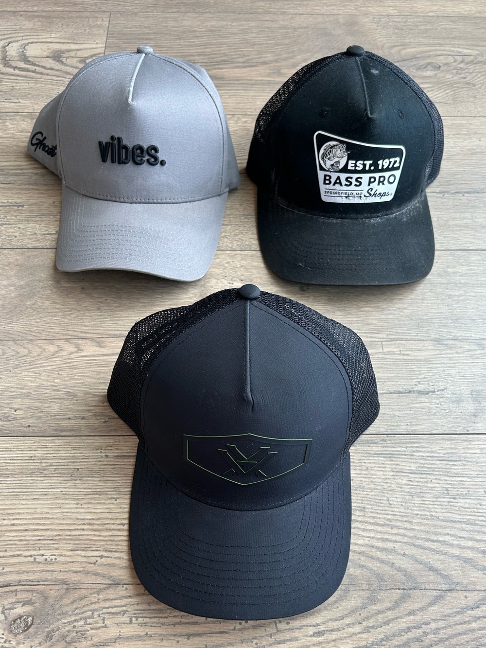 Three Casual Trucker Hats - Ghost "vibes." + Bass Pro Patch + Vortex Logo Cap
